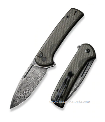 CIVIVI Conspirator Flipper Folding Button Lock Knife, Damascus Blade, Micarta Green, 21006-DS1