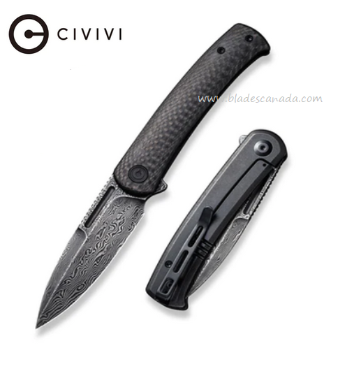 CIVIVI Cetos Flipper Framelock Knife, Damascus, Carbon Fiber/Black Steel, 21025B-DS1