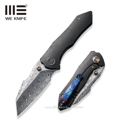 WE Knife High-Fin Framelock Knife, Damasteel, Titanium Black, 22005-DS1