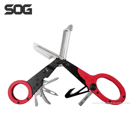SOG Parashears Multitool, 11 Tools, Stainless/GRN Black & Red, 23-125-02-43