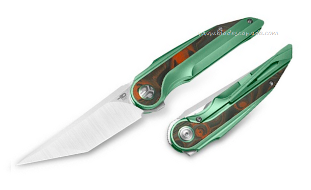 Bestech Blind Fury Flipper Framelock Knife, M390 SW/Satin, Titanium Green/CF Orange, BT2303C