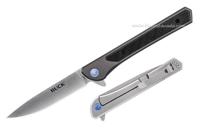 Buck Cavalier Flipper Framelock Knife, Stonewash Drop Point, Aluminum/CF, BU0264GYS