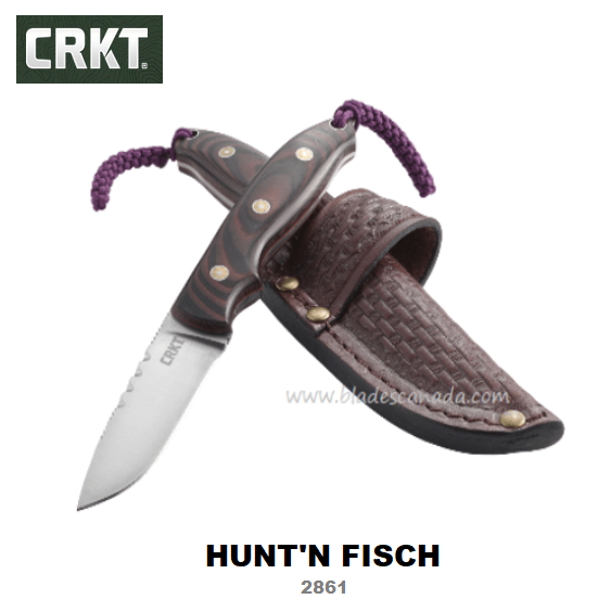 CRKT Hunt'n Fisch Fixed Blade Knife, G10 Brown/Black, Leather Sheath, CRKT2861