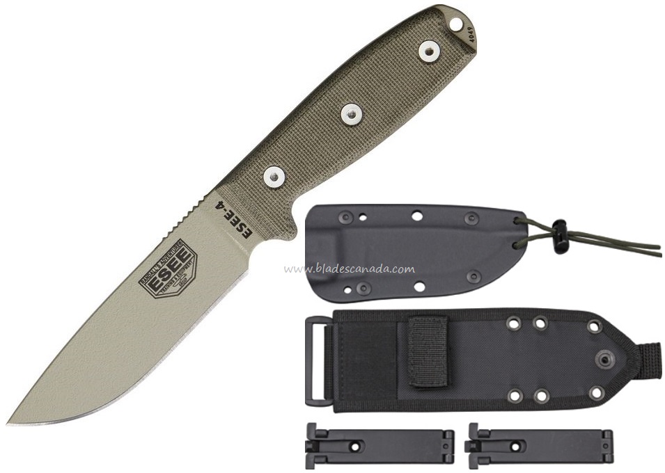 ESEE 4P-MB-DT Fixed Blade Knife, 1095 Carbon Desert Tan, Micarta, Green Sheath MOLLE