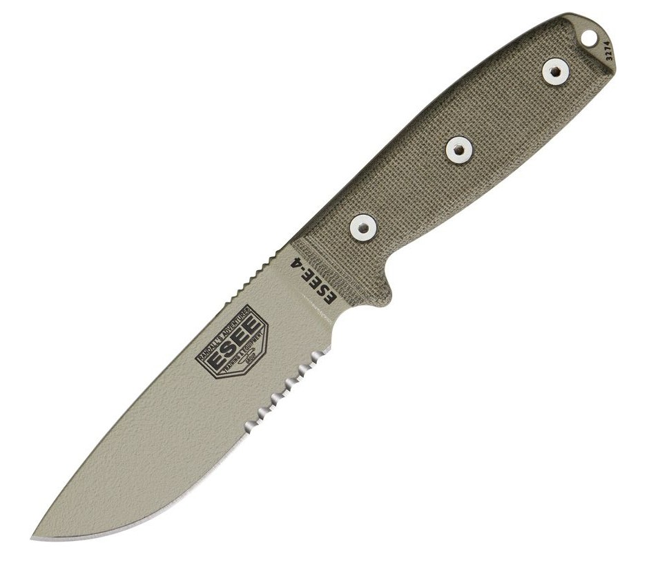 ESEE 4S-DT Fixed Blade Knife, 1095 Carbon Desert Tan, Micarta, Ambidextrous sheath