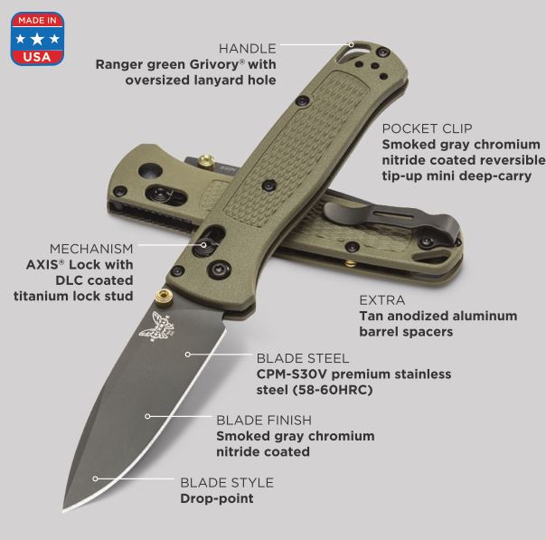 Benchmade Bugout Folding Knife, CPM S30V, Ranger Green, BM535GRY-1