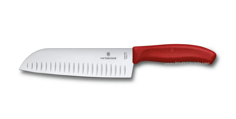 Victorinox Swiss Classic Santoku Kitchen Knife, Fluted Edge, Red Handle