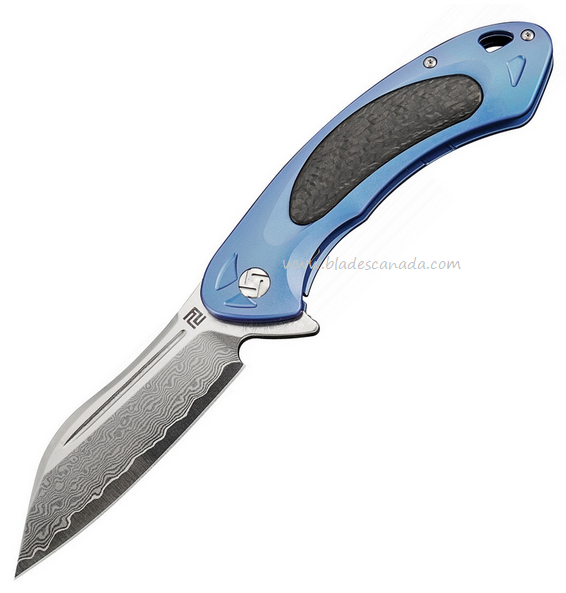 Artisan Cutlery Flipper Folding Knife, Damascus, Titanium Blue/CF, 1818GDBU