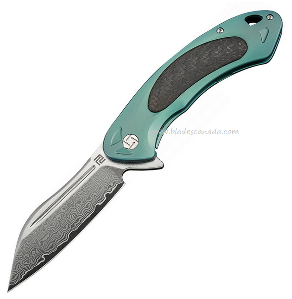 Artisan Cutlery Flipper Folding Knife, Damascus, Titanium Green/CF, ATZ1818GDGN
