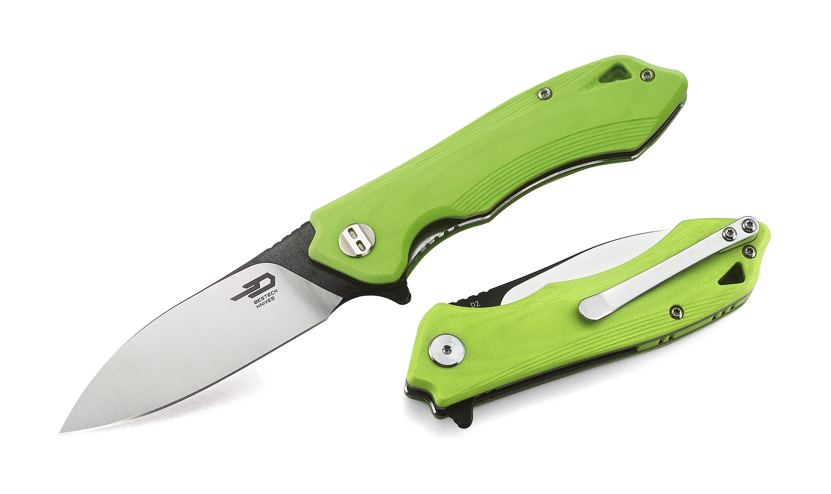 Bestech Beluga Flipper Folding Knife, D2 Two-Tone, G10 Green, BG11F-1