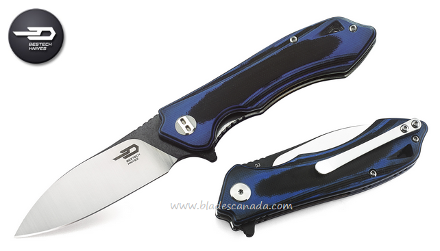 Bestech Beluga Flipper Folding Knife, D2 Two-Tone, G10 Blue/Black, BTBG11G-1