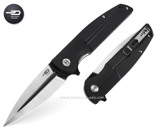 Bestech Fin Flipper Folding Knife, 14C28N Sandvik Two-Tone, G10 Black, BG34A-2