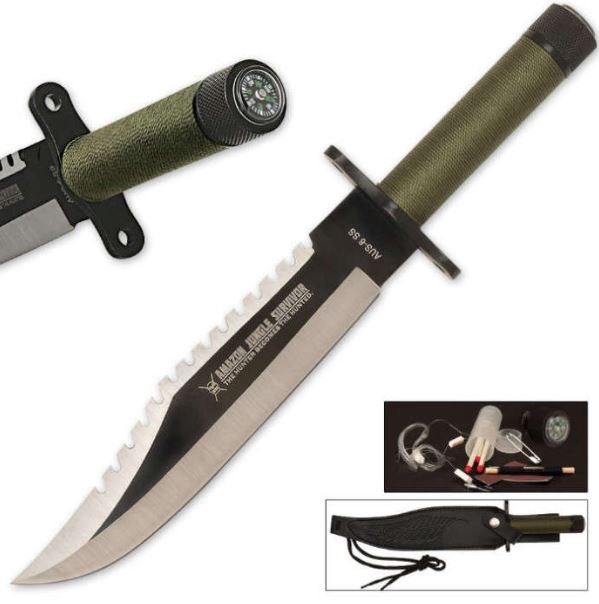 Amazon Jungle Survival Fixed Blade Knife, Leather Sheath, BK1805