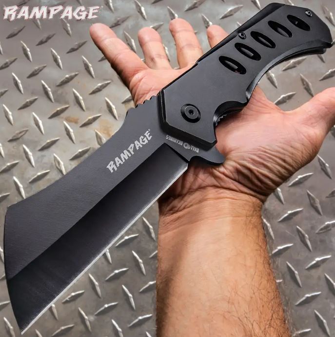 Rampage Cleaver Flipper Folding Knife, Assisted Opening, Stainless Black, BK4728