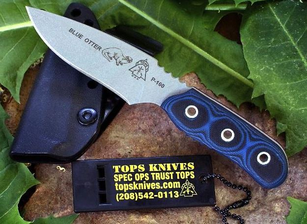 TOPS Otter Fixed Blade Knife, 1095 Carbon, G10 Blue/Black, Kydex Sheath, BLUOT01