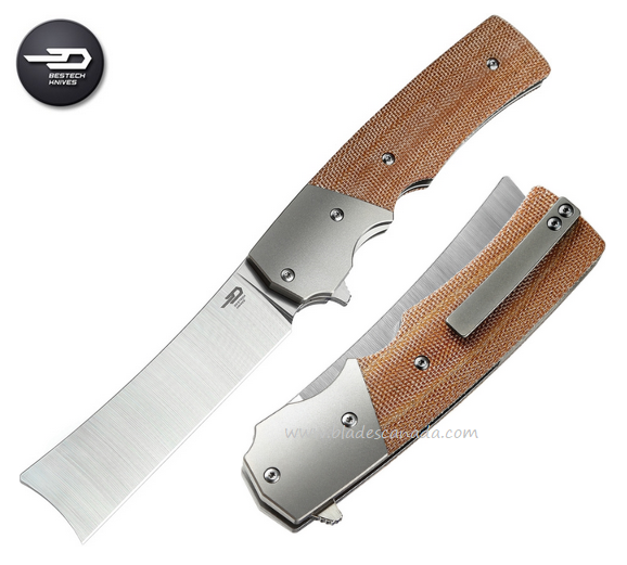 Bestech Spanish Tip Razor Flipper Folding Knife, M390, Micarta Tan/Titanium, BT2101B