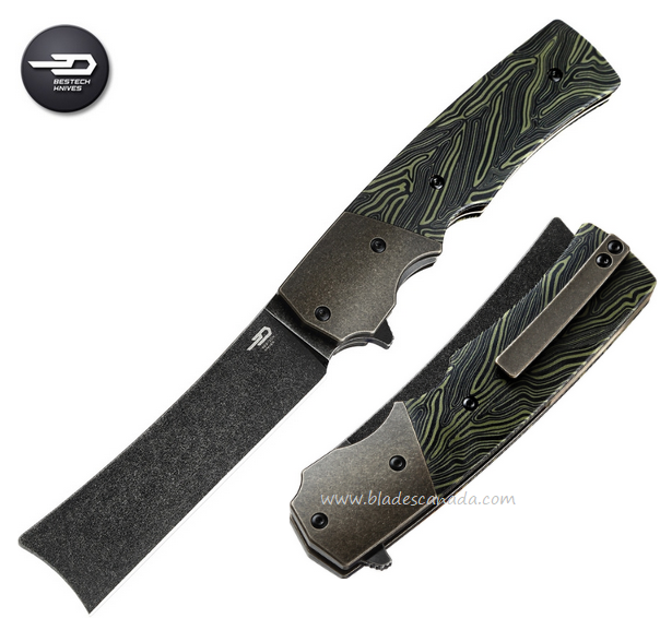 Bestech Spanish Tip Razor Flipper Folding Knife, M390, G10 Black/Green, BT2101E
