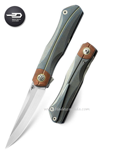 Bestech Thyra Flipper Folding Knife, M390, Titanium Blue/Red Copper, BT2106D