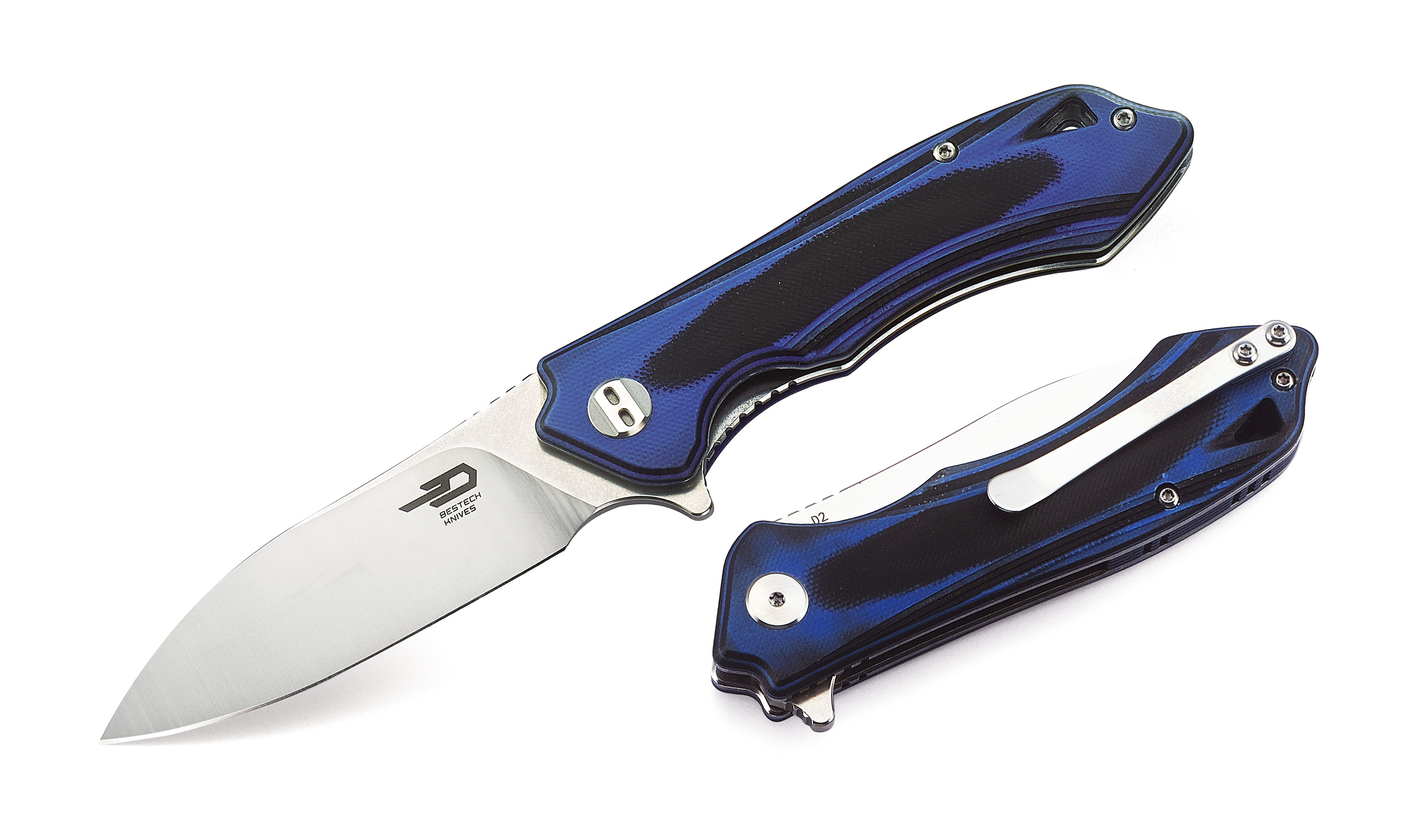 Bestech Beluga Flipper Folding Knife, D2 Two-Tone, G10 Blue/Black, BG11G-2