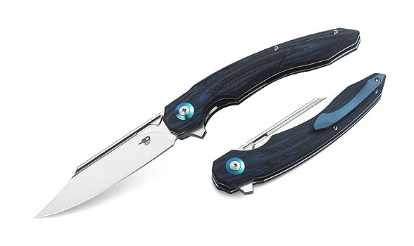 Bestech Fanga Flipper Folding Knife, D2 Clip Point, G10 Blue/CF, BG18E