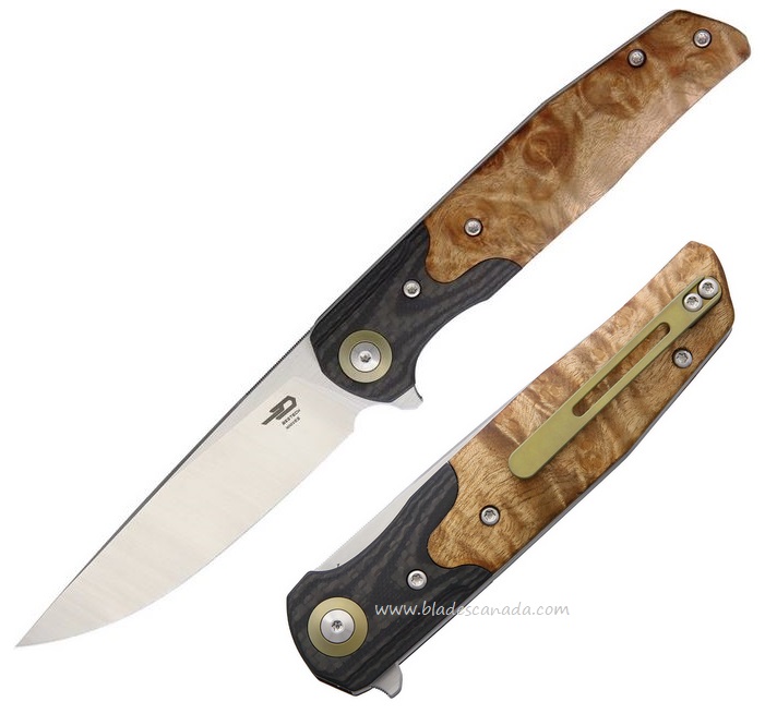 Bestech Ascot Flipper Folding Knife, 14C28N Sandvik, Burl Wood, BG19D