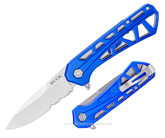 Buck 812 Trace Flipper Folding Knife, Partially Serrated Blade, Aluminum Blue, 0812BLX