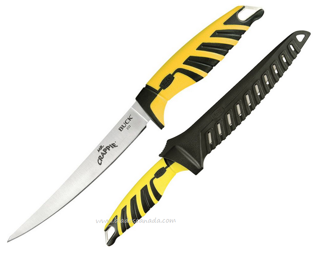 Buck Mr. Crappie Fixed Blade Knife, Satin Trailing Point Blade, Yellow/Black Handle, 233YWS