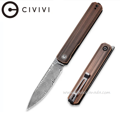 Civivi Exarch Flipper Folding Knife, Damascus Blade, Copper Handle, C2003DS-2