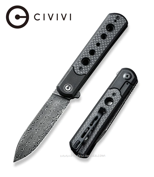 CIVIVI Banneret Flipper Framelock Knife, Damascus, Steel/Carbon Fiber/G10, 20040D-DS1