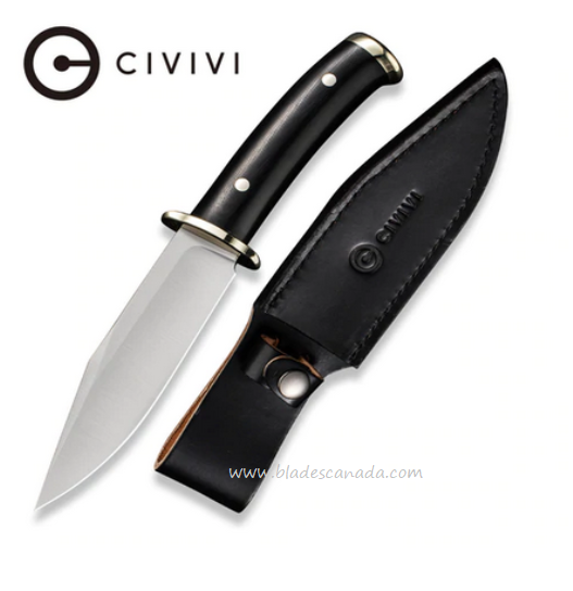 Civivi Teton Tickler Fixed Blade Knife, D2, G10 Black, Leather Sheath, C20072-1