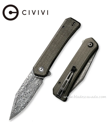 Civivi Relic Flipper Folding Knife, Damascus Steel, Micarta Green, C20077B-DS1