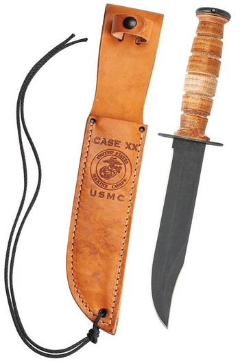Case Hunter USMC Fixed Blade Knife, 1095 Carbon, Leather Handle, Leather Sheath, 00334