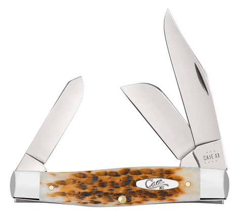 Case Large Stockman Slipjoint Folding Knife, Stainless, Peach Seed Jigged Amber Bone, 10724