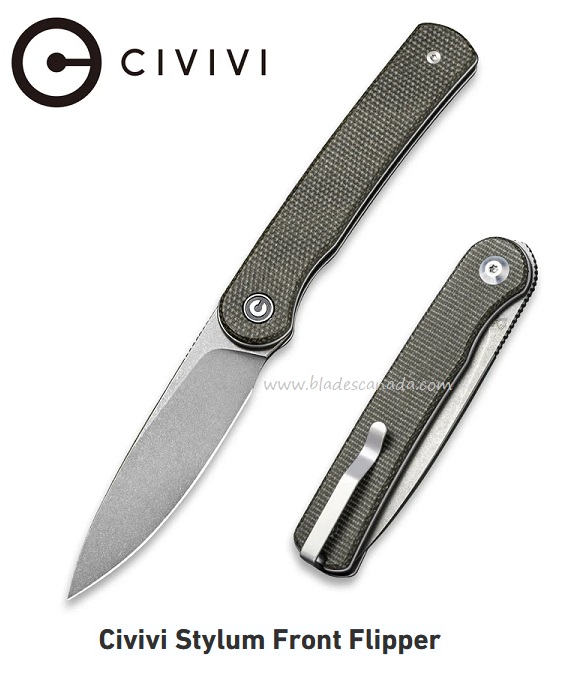 CIVIVI Stylum SlipJoint Flipper Folding Knife, Micarta, 20010B-C - Click Image to Close