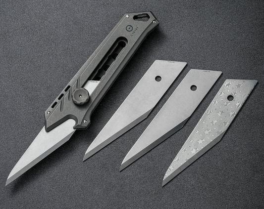 CIVIVI Mandate Utility Knife, Titanium Grey, 2 extra CrMoV & 1 Damascus Blade, 2007C