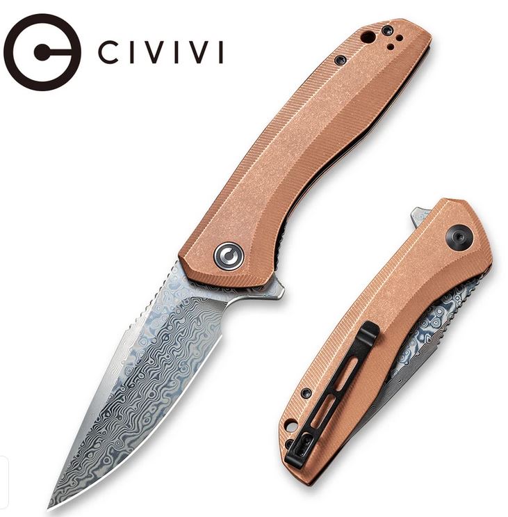 CIVIVI Baklash Flipper Folding Knife, Damascus, Copper, 801DS2 - Click Image to Close
