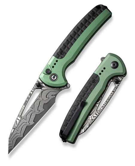 CIVIVI Sentinel Strike Flipper Button Lock Knife, Damascus, Aluminum Green/FRN, C22025B