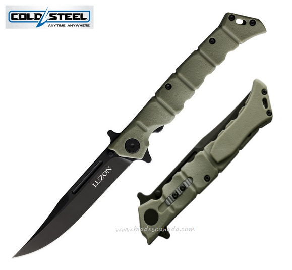 Cold Steel Medium Luzon Flipper Folding Knife, Black Blade, GFN OD, 20NQLODBK