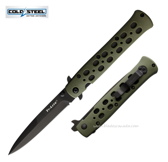 Cold Steel Ti-Lite Flipper Folding Knife, AUS8A Black 4", OD Green, 26SPODBK