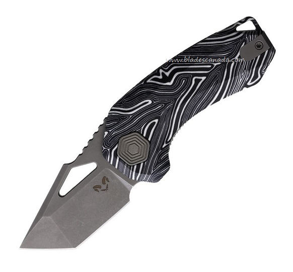 Damned Designs Oni Flipper Folding Knife, 14C28N SW, Damascus G10 White/Black, DMN014BKWT