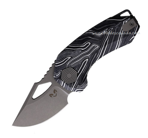 Damned Designs Djinn Flipper Folding Knife, 14C28N SW, Damascus G10 White/Black, DMN015BKWT