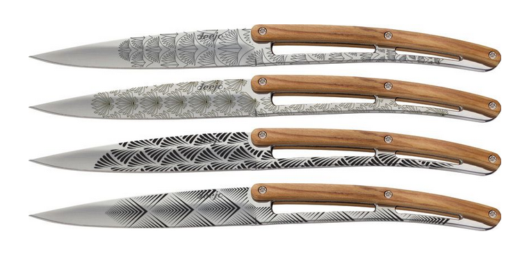 Deejo Steak Knives, Set of Four, Mirror Art Blades, Olive Wood, DEE4AB012