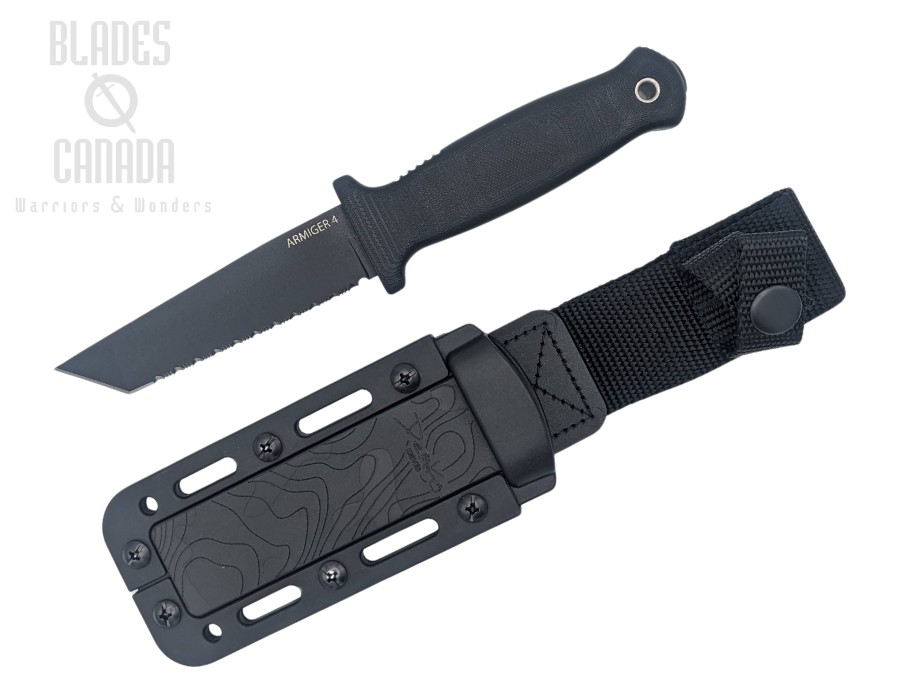 Demko Armiger4 Fixed Blade Knife, 80CrV2 Black Tanto Serrated, Black Handle, 096513
