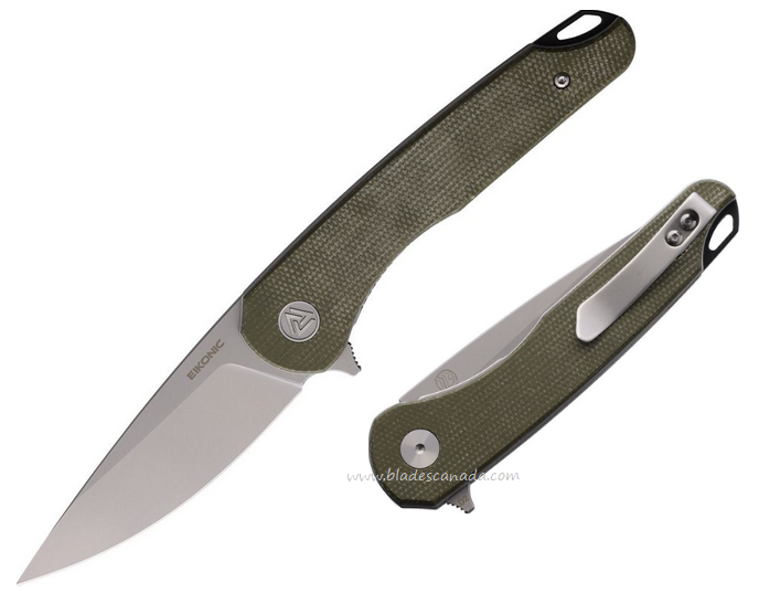 Eikonic Dromas Folding Knife, D2 Satin, Micarta Green Canvas, EKC441SGN