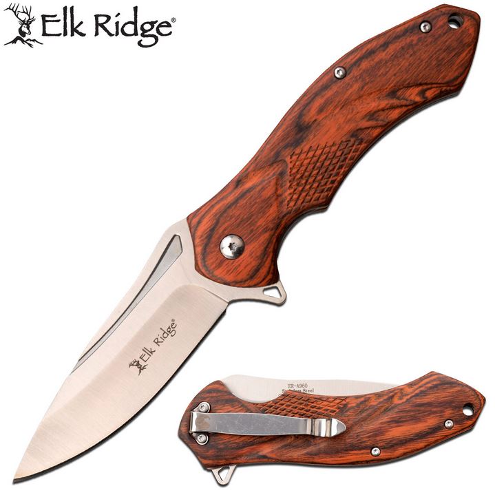 Elk Ridge Knives Flipper Folding Knife, Brown Pakkawood, Assisted Opening, ERA960BR