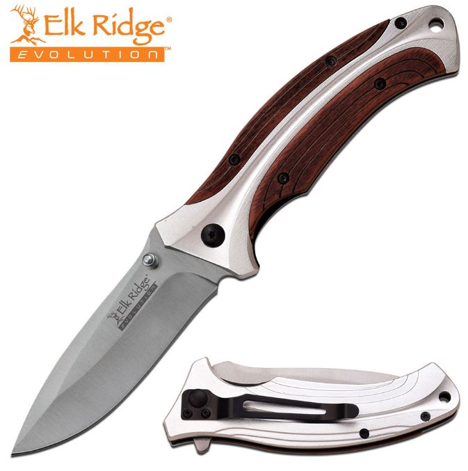 Elk Ridge Knives Evolution Flipper Folding Knife, Pakkawood/Aluminum Handle, EREFDR011BR