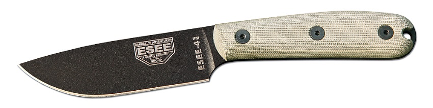 ESEE 4HM-B Fixed Blade Knife, 1095 Carbon, Modified Micarta Handle, Leather Sheath