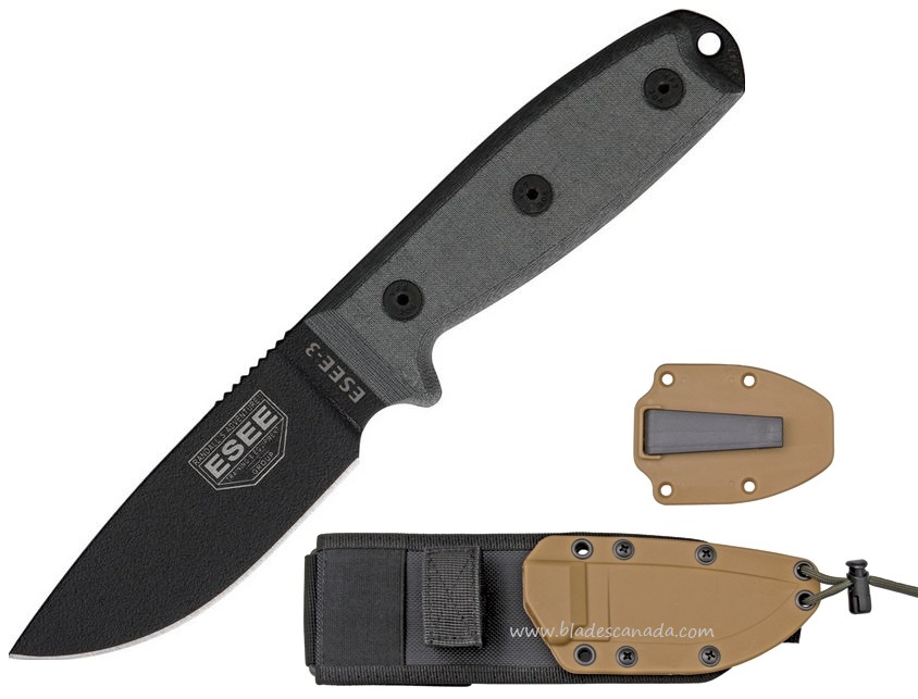 ESEE 3PM-MB Fixed Blade Knife, 1095 Carbon, Micarta Rounded Pommel, Nylon Brown Sheath w/MOLLE