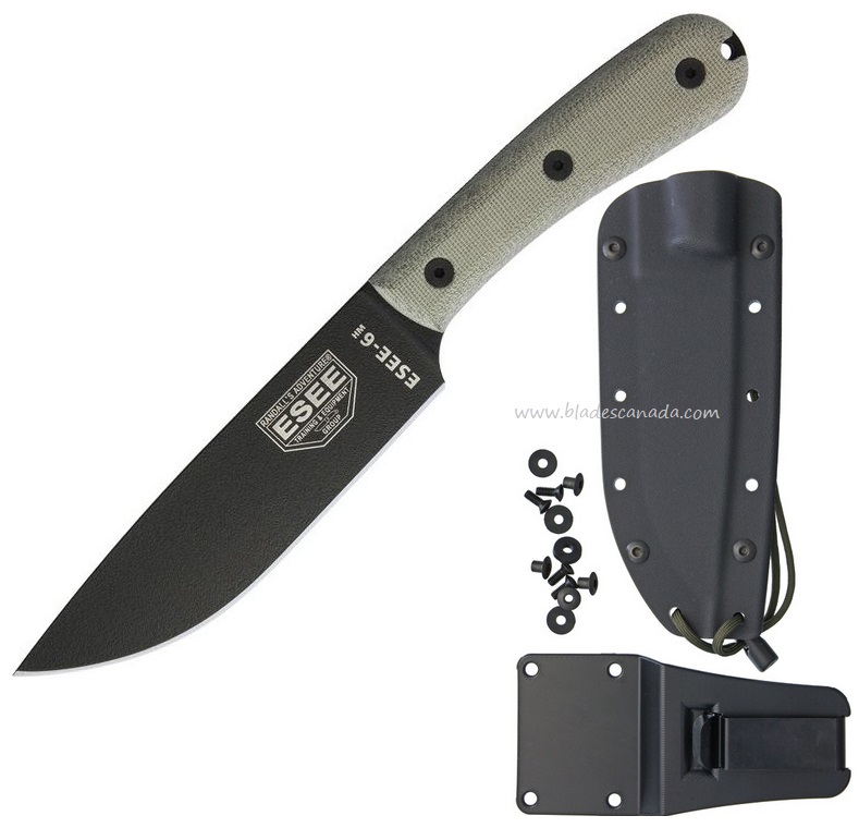 ESEE 6-HM-K Fixed Blade Knife, 1095 Carbon, Modified Micarta Handle, Kydex Sheath