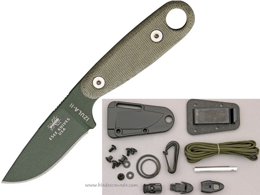 ESEE Izula II w/KIT Fixed Blade Knife, 1095 Carbon OD, Micarta, Molded Sheath
